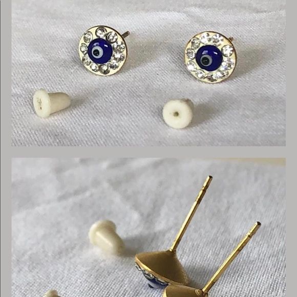 3 pair pierced earrings, evil eye, feather, crystal - Picture 7 of 9